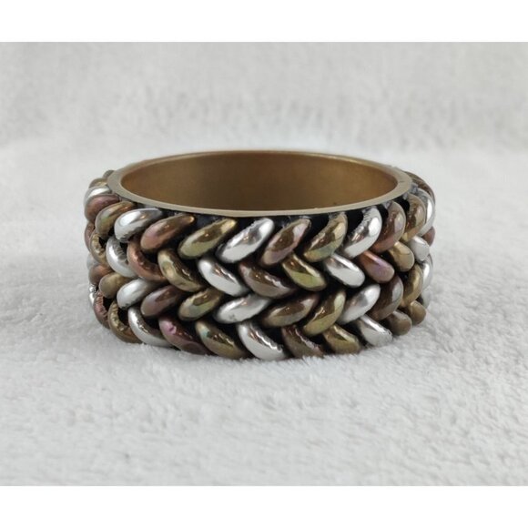 Vintage Brass Bracelet Bangle Three Metal Colors Brass Silver Copper Braid Jewel - Picture 6 of 9